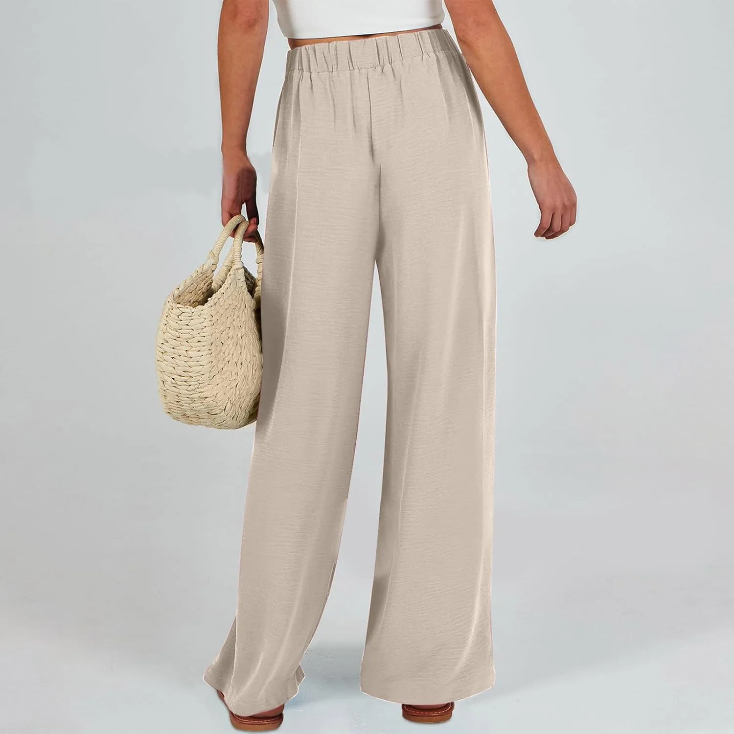 Women's 2025 Summer Lightweight Loose Lace Up High Waist Pants Casual Solid Color Baggy Wide Leg Trousers with Pockets