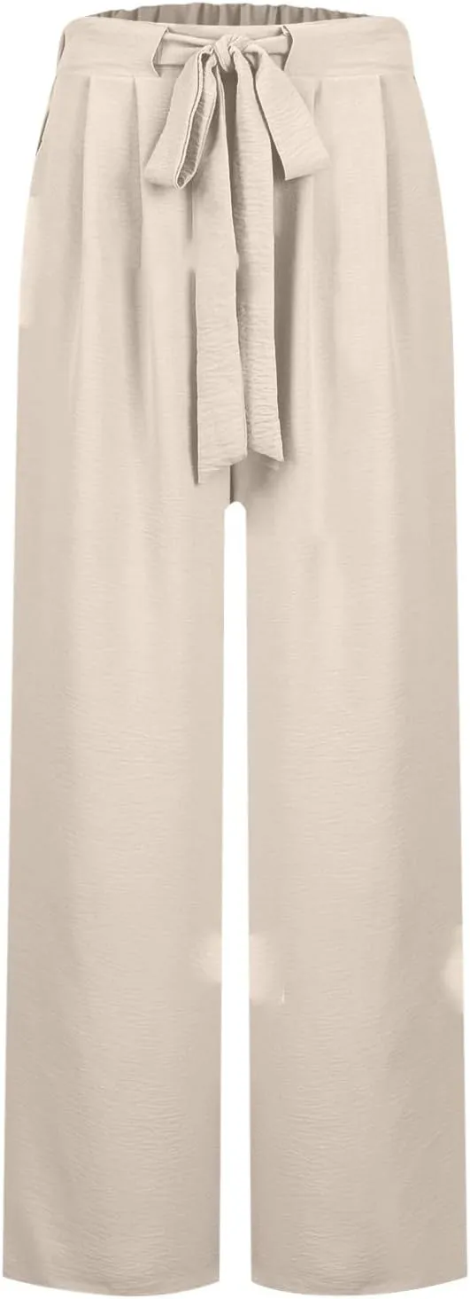 Women's 2025 Summer Lightweight Loose Lace Up High Waist Pants Casual Solid Color Baggy Wide Leg Trousers with Pockets