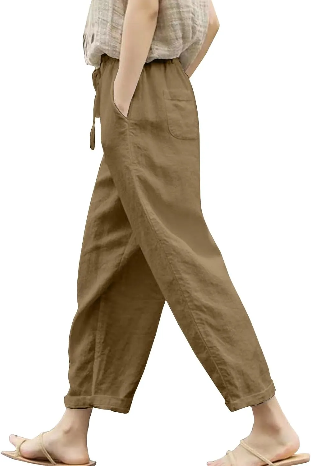 Womens Beach Pants Linen Casual High Waisted Elastic Drawstring Trousers Cotton Straight Leg Loose Summer Bottoms