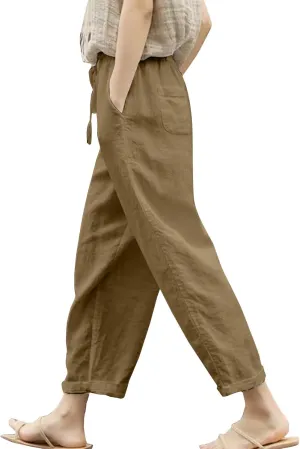Womens Beach Pants Linen Casual High Waisted Elastic Drawstring Trousers Cotton Straight Leg Loose Summer Bottoms