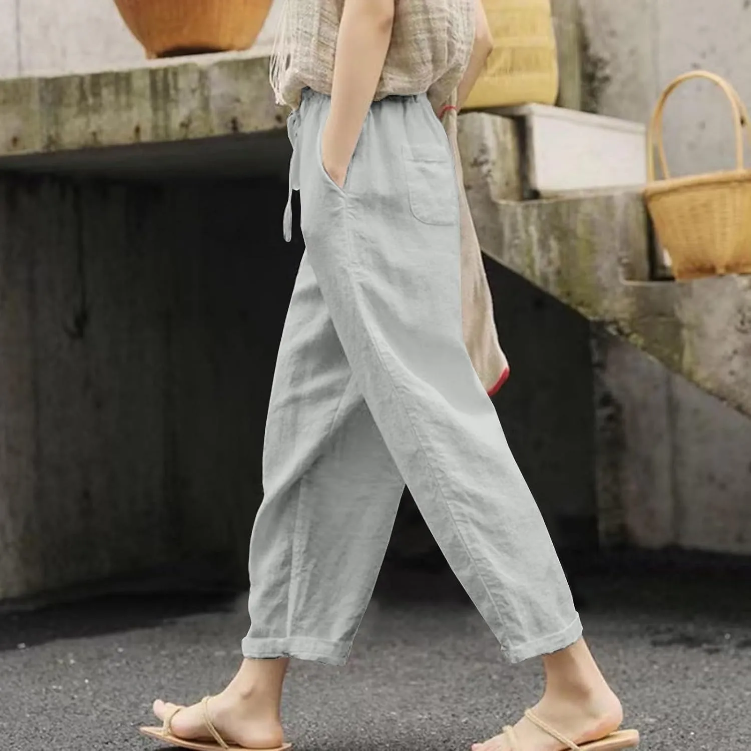 Womens Beach Pants Linen Casual High Waisted Elastic Drawstring Trousers Cotton Straight Leg Loose Summer Bottoms