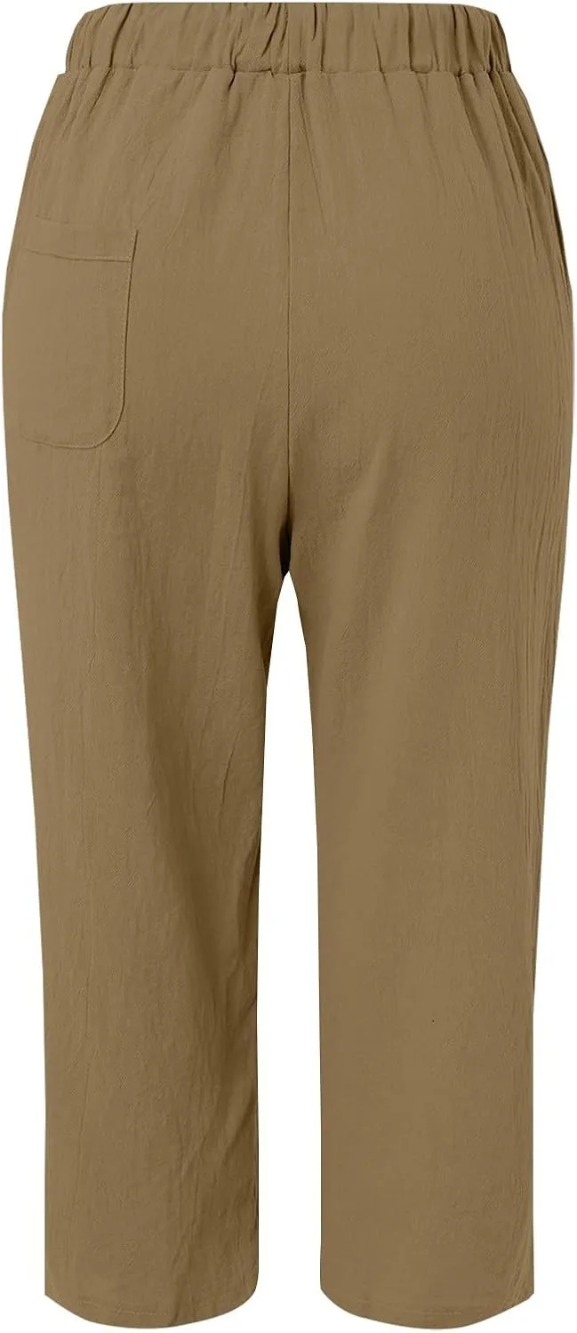 Womens Beach Pants Linen Casual High Waisted Elastic Drawstring Trousers Cotton Straight Leg Loose Summer Bottoms