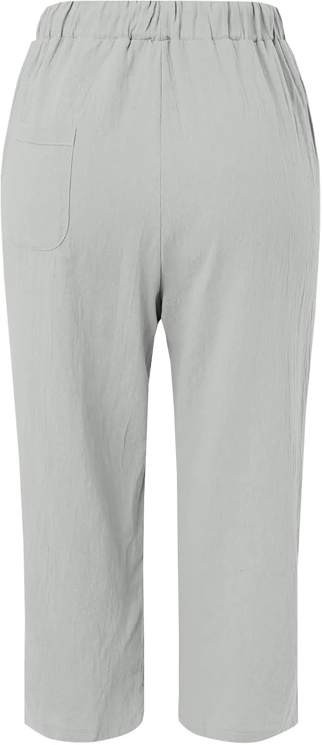Womens Beach Pants Linen Casual High Waisted Elastic Drawstring Trousers Cotton Straight Leg Loose Summer Bottoms