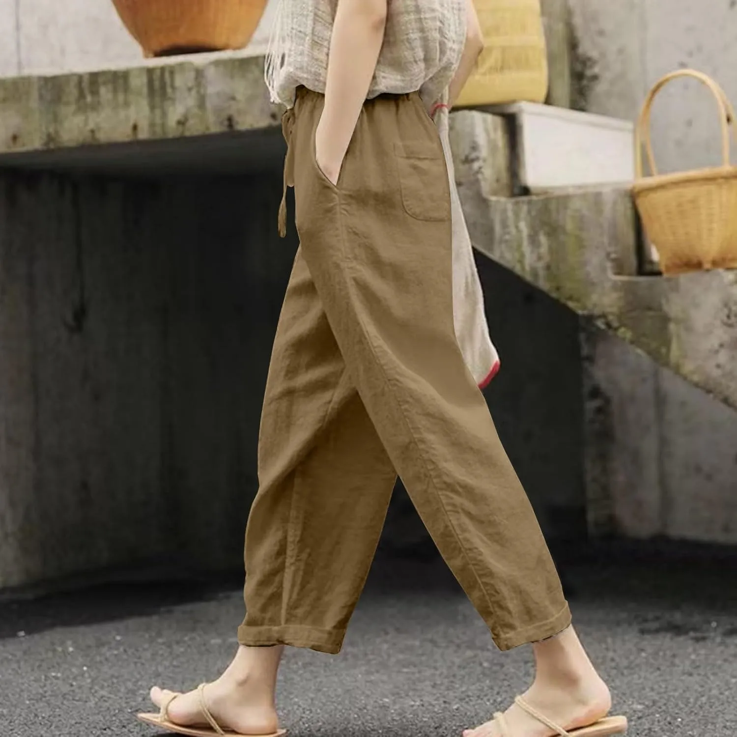 Womens Beach Pants Linen Casual High Waisted Elastic Drawstring Trousers Cotton Straight Leg Loose Summer Bottoms