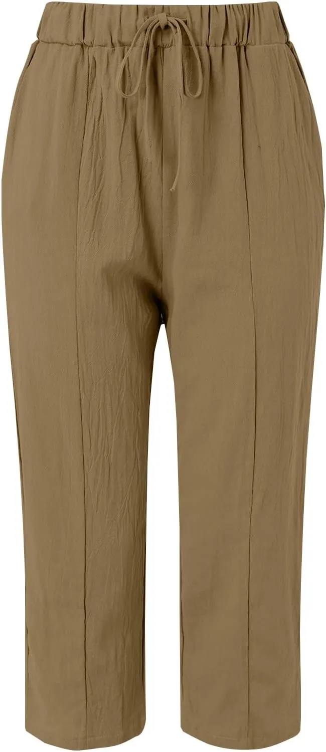Womens Beach Pants Linen Casual High Waisted Elastic Drawstring Trousers Cotton Straight Leg Loose Summer Bottoms
