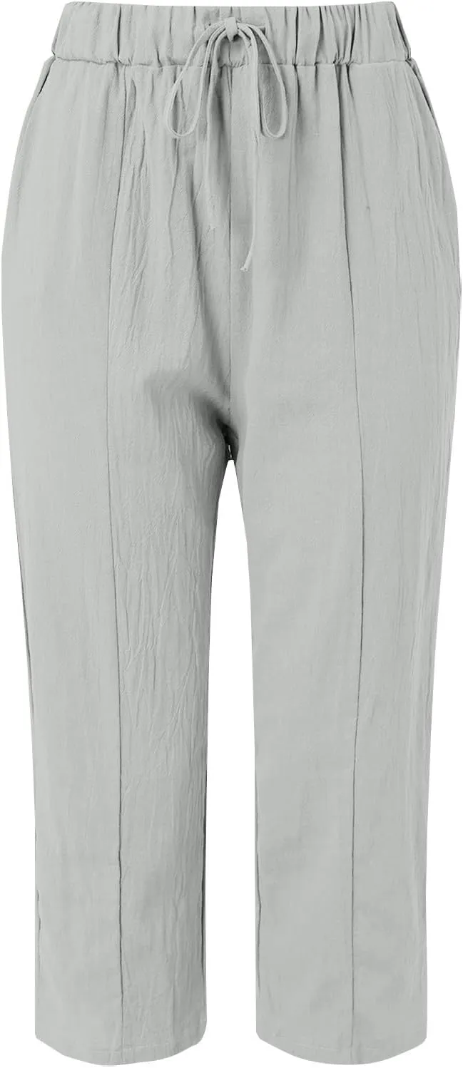 Womens Beach Pants Linen Casual High Waisted Elastic Drawstring Trousers Cotton Straight Leg Loose Summer Bottoms