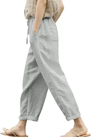 Womens Beach Pants Linen Casual High Waisted Elastic Drawstring Trousers Cotton Straight Leg Loose Summer Bottoms