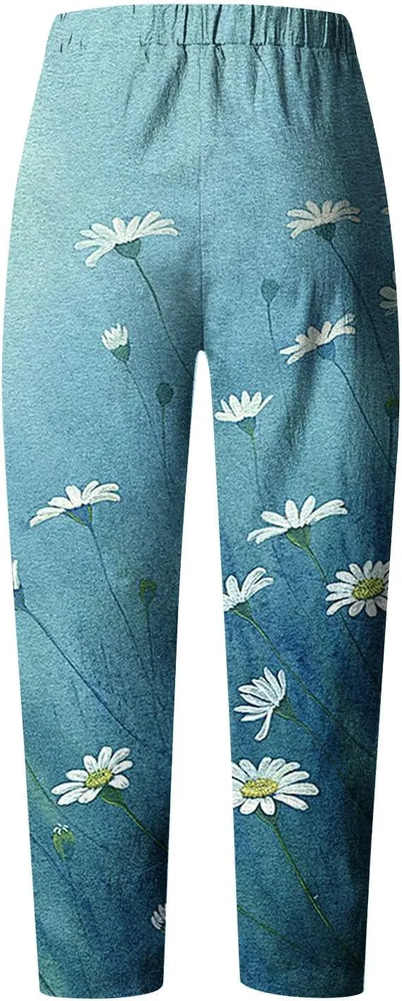 Women's Boho Linen Wide Leg Pants Elastic High Waist Palazzo Capri Pant Business Casual Cropped Trousers with Pockets