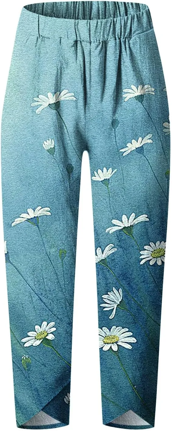 Women's Boho Linen Wide Leg Pants Elastic High Waist Palazzo Capri Pant Business Casual Cropped Trousers with Pockets
