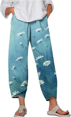 Women's Boho Linen Wide Leg Pants Elastic High Waist Palazzo Capri Pant Business Casual Cropped Trousers with Pockets