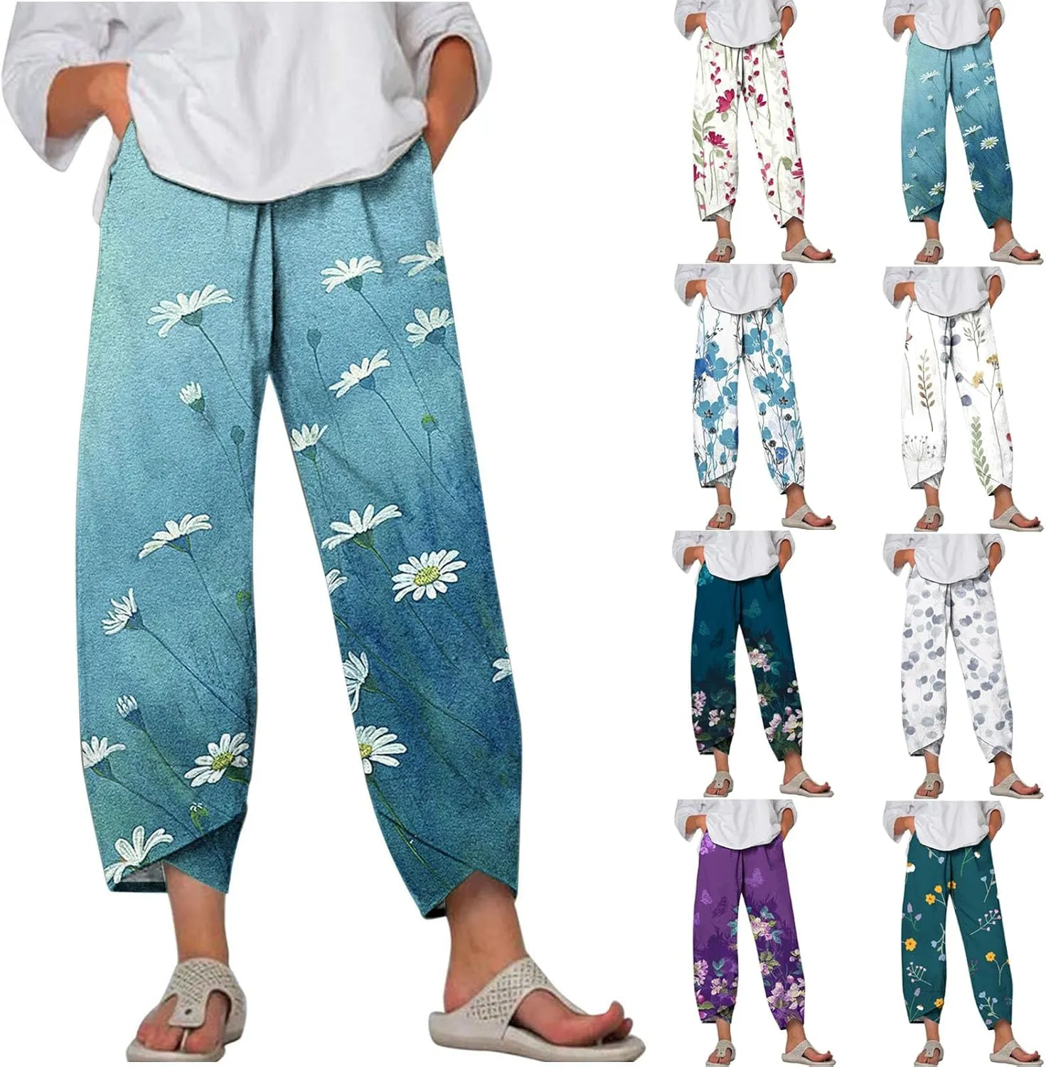 Women's Boho Linen Wide Leg Pants Elastic High Waist Palazzo Capri Pant Business Casual Cropped Trousers with Pockets