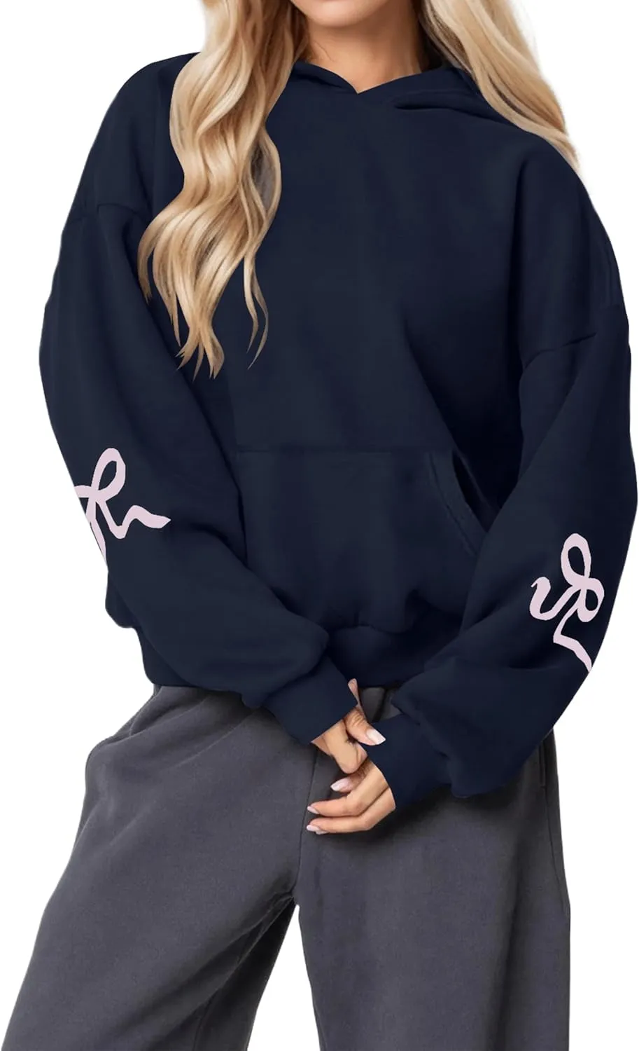Womens Bow Hoodie Sweatshirt Trendy Oversized Cute Graphic Hoodies Drop Shoulder Fleece Hooded Sweatshirt with Pocket