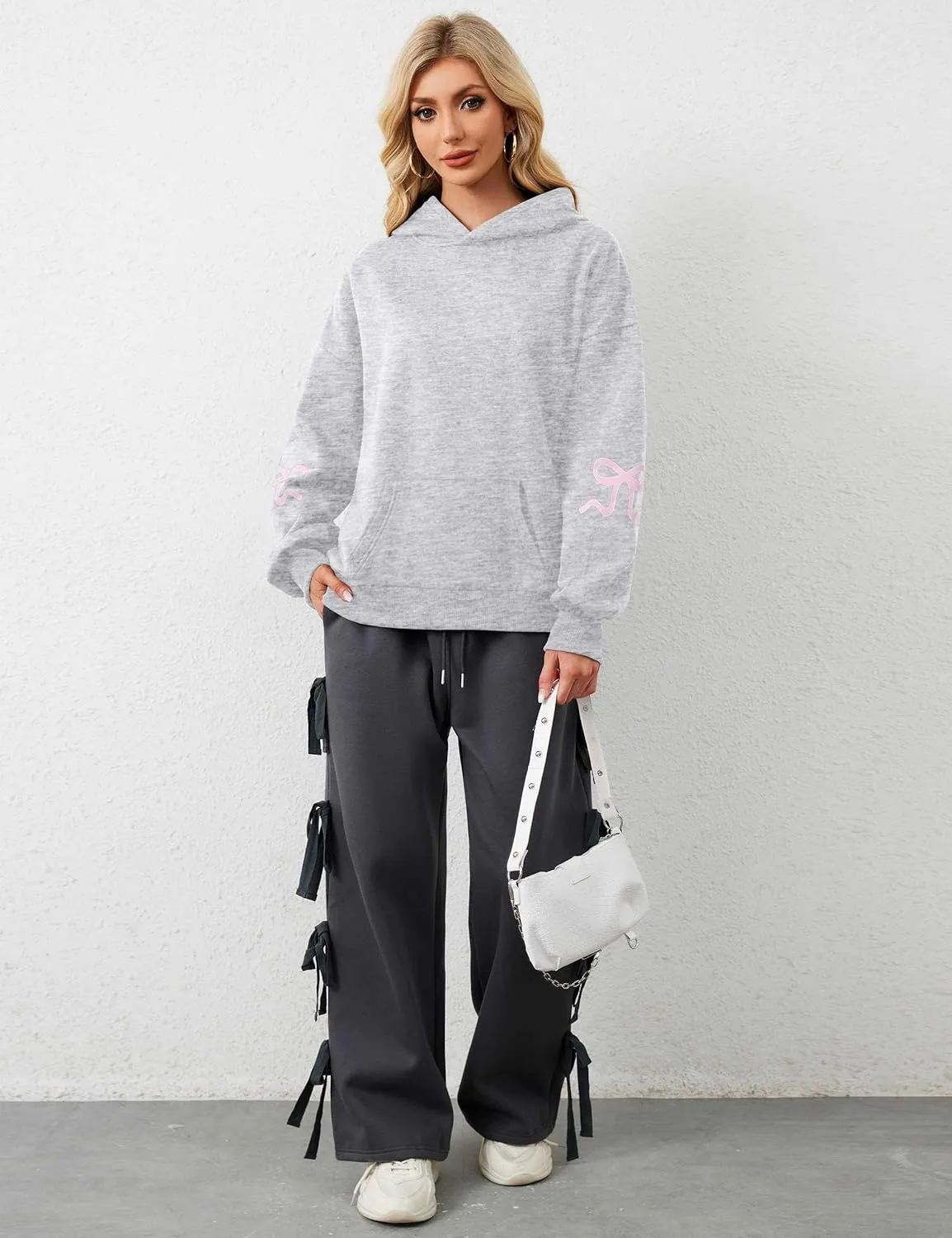 Womens Bow Hoodie Sweatshirt Trendy Oversized Cute Graphic Hoodies Drop Shoulder Fleece Hooded Sweatshirt with Pocket