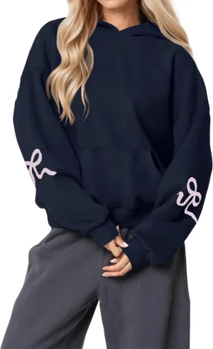 Womens Bow Hoodie Sweatshirt Trendy Oversized Cute Graphic Hoodies Drop Shoulder Fleece Hooded Sweatshirt with Pocket