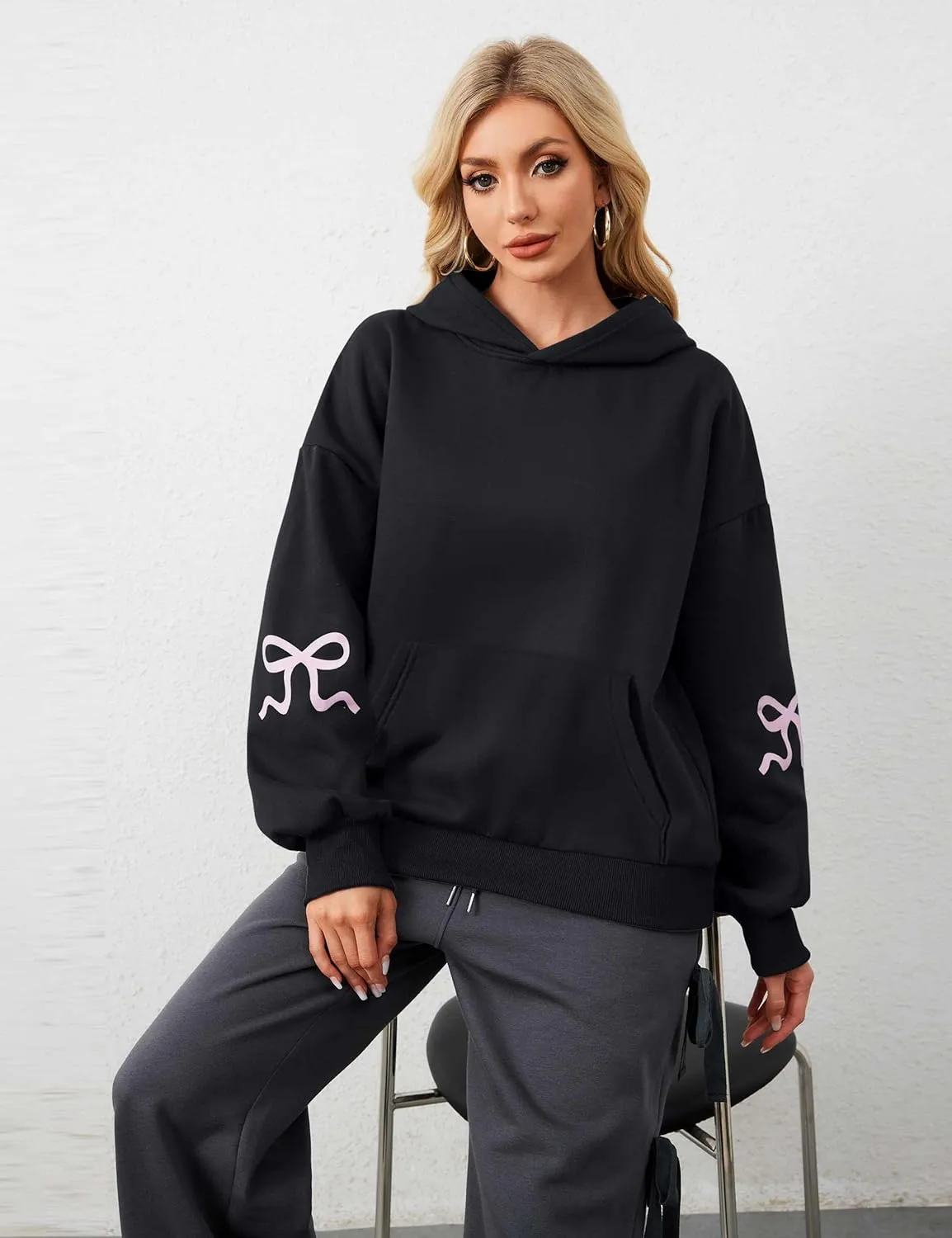 Womens Bow Hoodie Sweatshirt Trendy Oversized Cute Graphic Hoodies Drop Shoulder Fleece Hooded Sweatshirt with Pocket