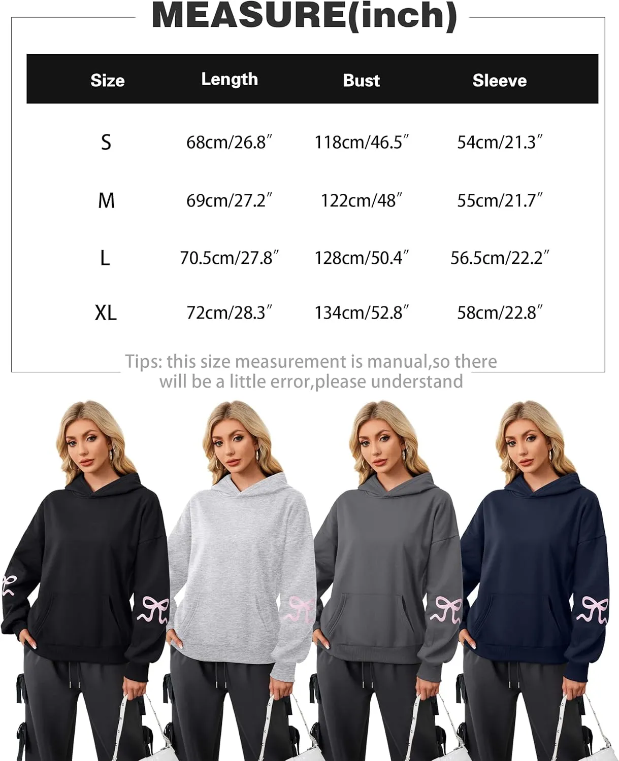 Womens Bow Hoodie Sweatshirt Trendy Oversized Cute Graphic Hoodies Drop Shoulder Fleece Hooded Sweatshirt with Pocket