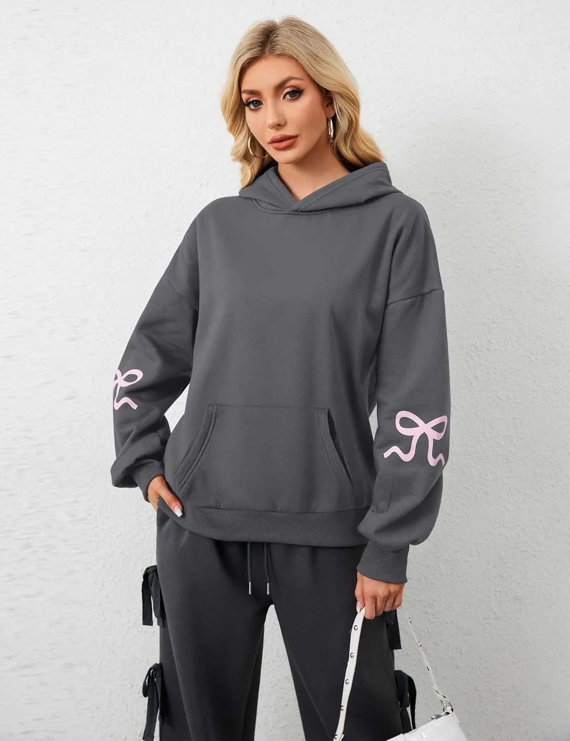 Womens Bow Hoodie Sweatshirt Trendy Oversized Cute Graphic Hoodies Drop Shoulder Fleece Hooded Sweatshirt with Pocket