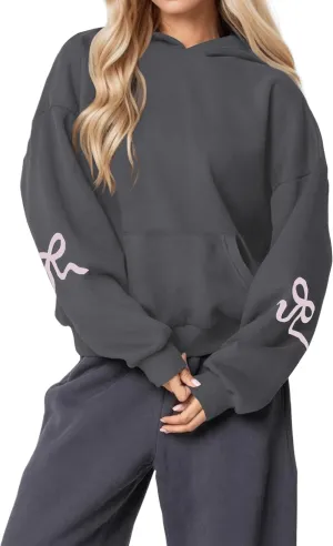 Womens Bow Hoodie Sweatshirt Trendy Oversized Cute Graphic Hoodies Drop Shoulder Fleece Hooded Sweatshirt with Pocket