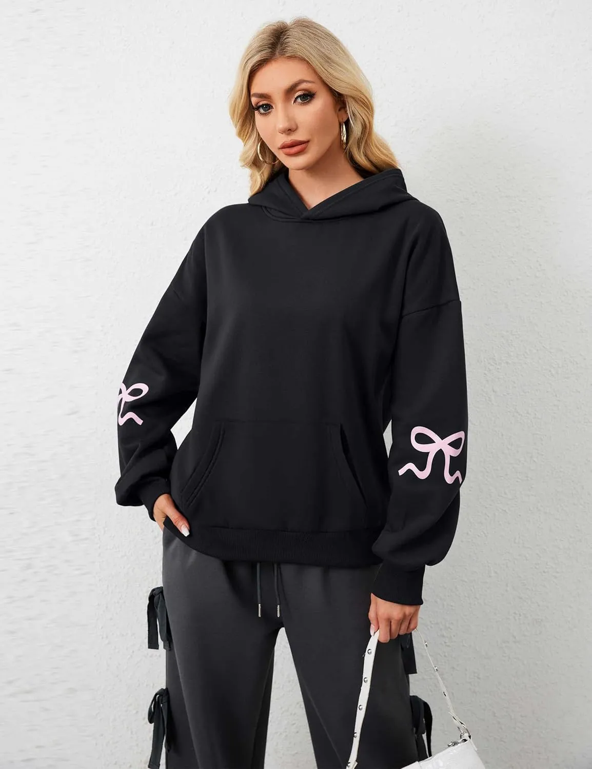 Womens Bow Hoodie Sweatshirt Trendy Oversized Cute Graphic Hoodies Drop Shoulder Fleece Hooded Sweatshirt with Pocket