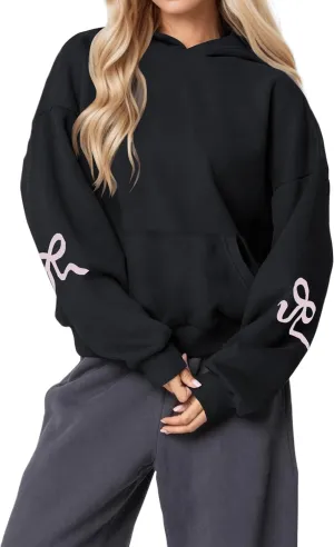 Womens Bow Hoodie Sweatshirt Trendy Oversized Cute Graphic Hoodies Drop Shoulder Fleece Hooded Sweatshirt with Pocket
