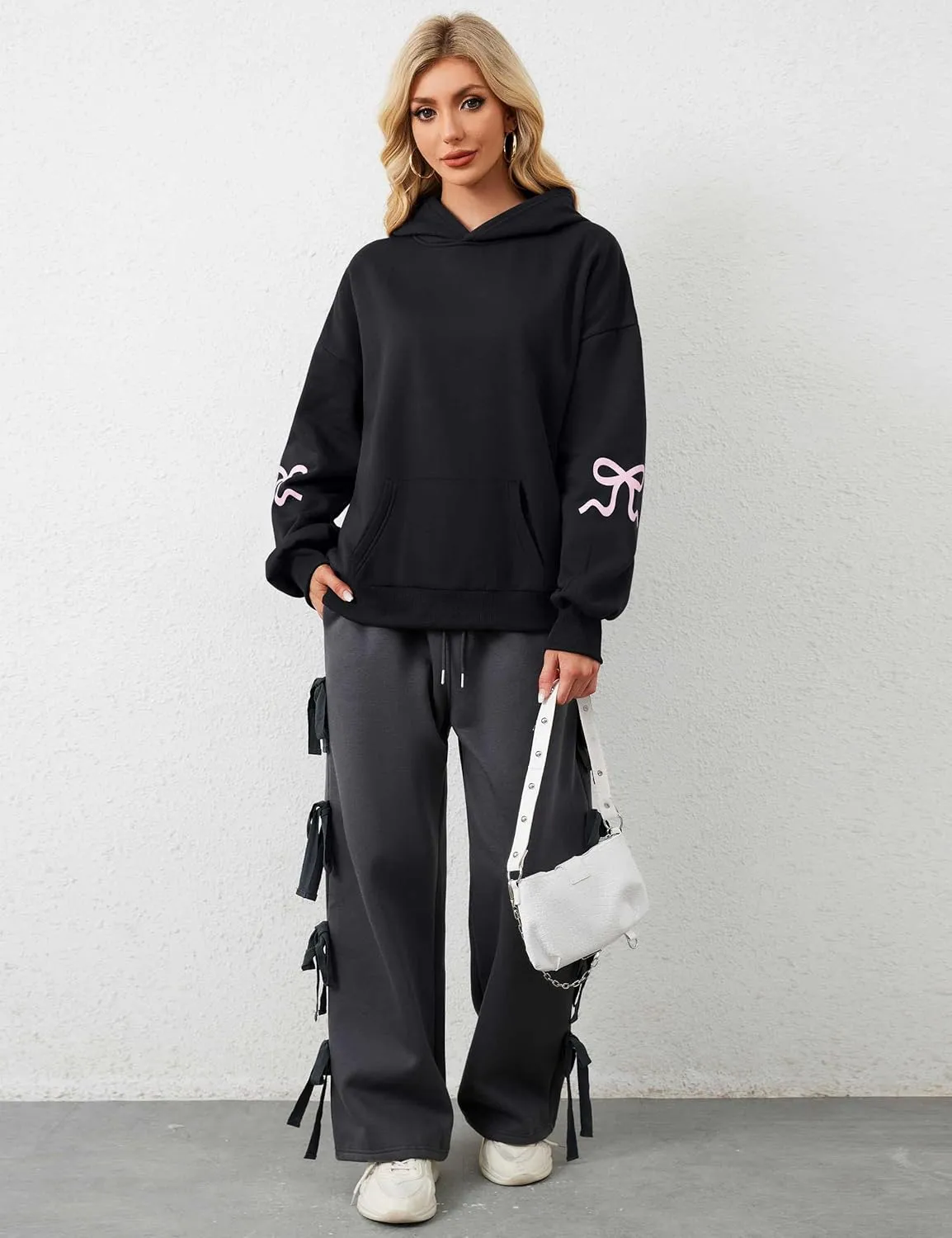 Womens Bow Hoodie Sweatshirt Trendy Oversized Cute Graphic Hoodies Drop Shoulder Fleece Hooded Sweatshirt with Pocket