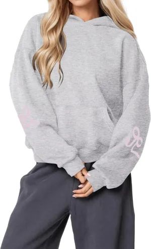 Womens Bow Hoodie Sweatshirt Trendy Oversized Cute Graphic Hoodies Drop Shoulder Fleece Hooded Sweatshirt with Pocket