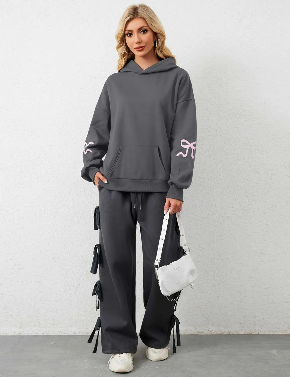 Womens Bow Hoodie Sweatshirt Trendy Oversized Cute Graphic Hoodies Drop Shoulder Fleece Hooded Sweatshirt with Pocket