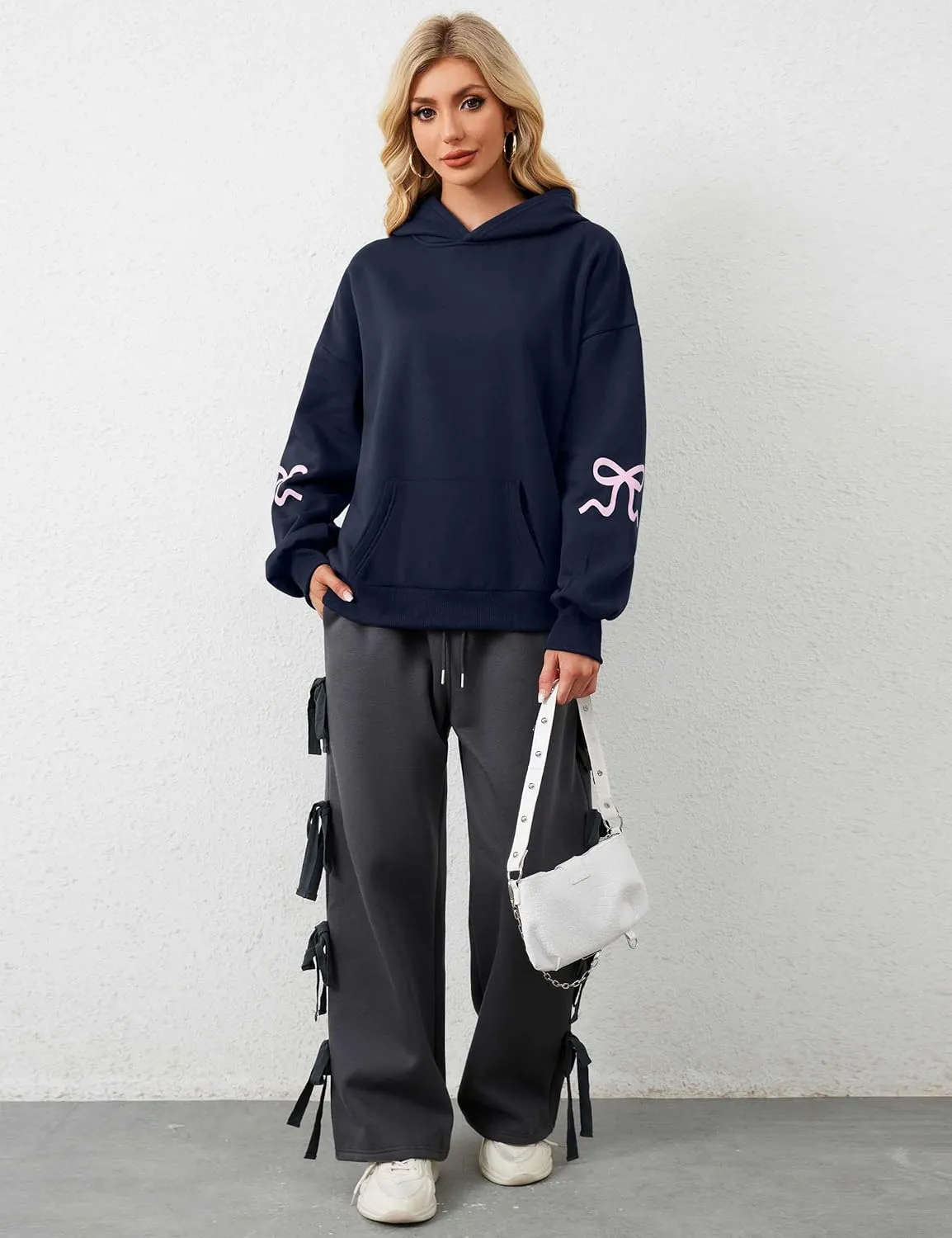 Womens Bow Hoodie Sweatshirt Trendy Oversized Cute Graphic Hoodies Drop Shoulder Fleece Hooded Sweatshirt with Pocket