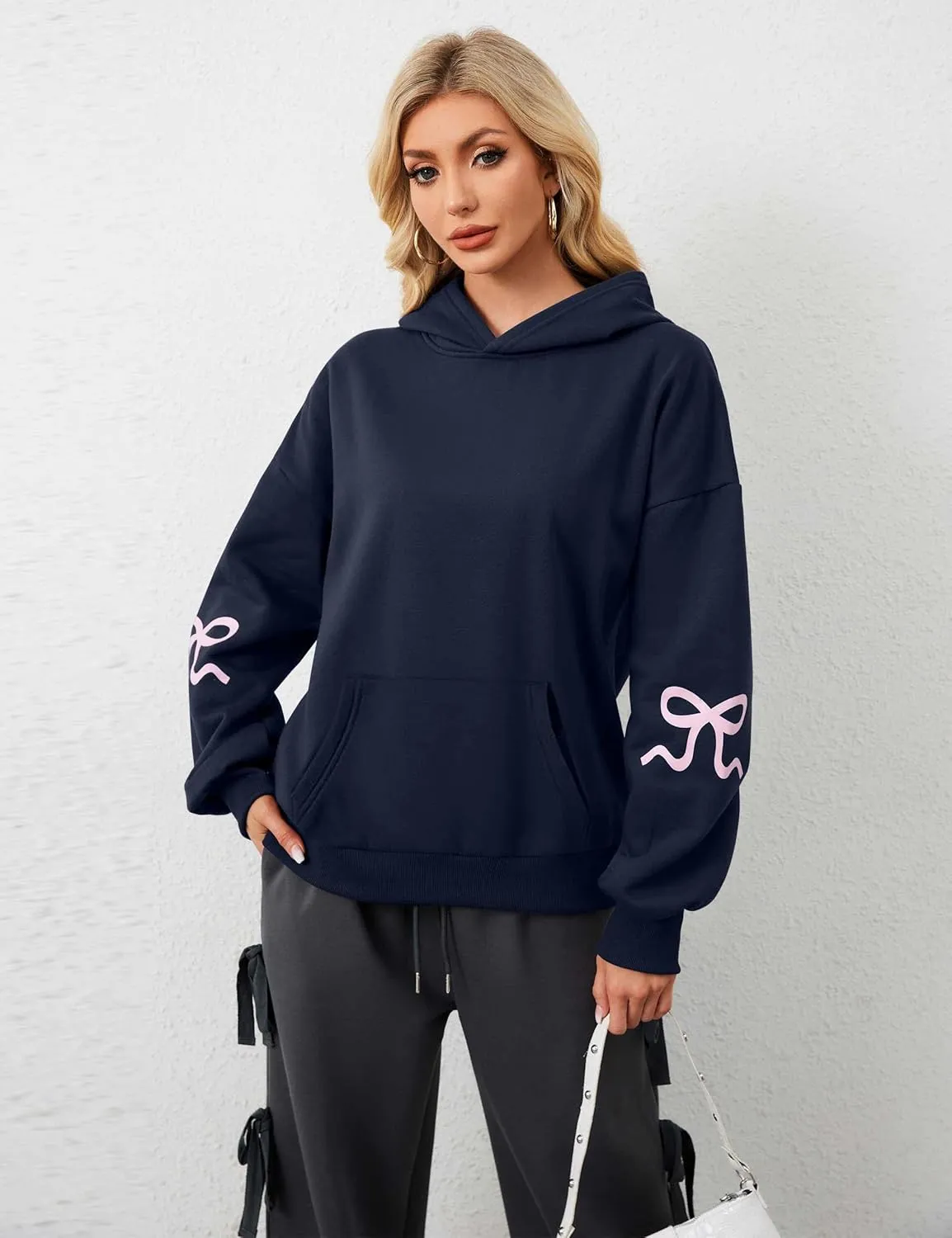 Womens Bow Hoodie Sweatshirt Trendy Oversized Cute Graphic Hoodies Drop Shoulder Fleece Hooded Sweatshirt with Pocket
