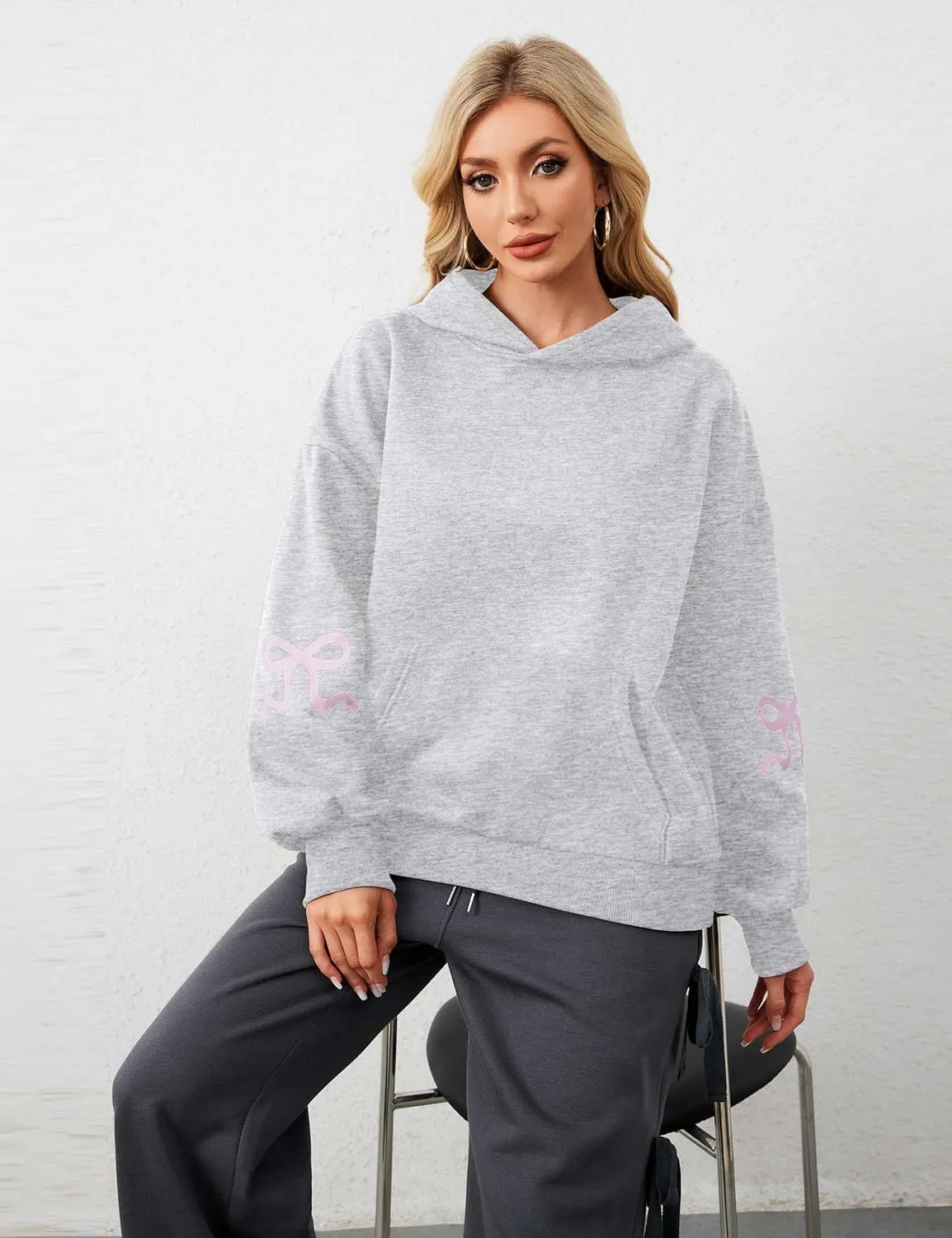 Womens Bow Hoodie Sweatshirt Trendy Oversized Cute Graphic Hoodies Drop Shoulder Fleece Hooded Sweatshirt with Pocket