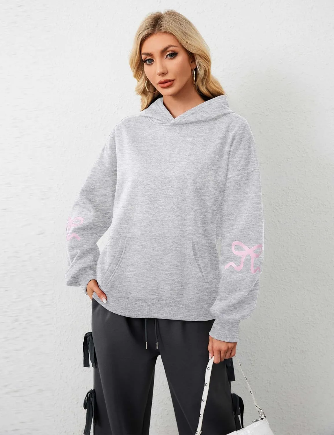 Womens Bow Hoodie Sweatshirt Trendy Oversized Cute Graphic Hoodies Drop Shoulder Fleece Hooded Sweatshirt with Pocket