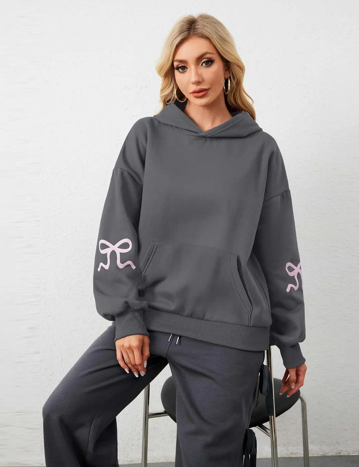 Womens Bow Hoodie Sweatshirt Trendy Oversized Cute Graphic Hoodies Drop Shoulder Fleece Hooded Sweatshirt with Pocket
