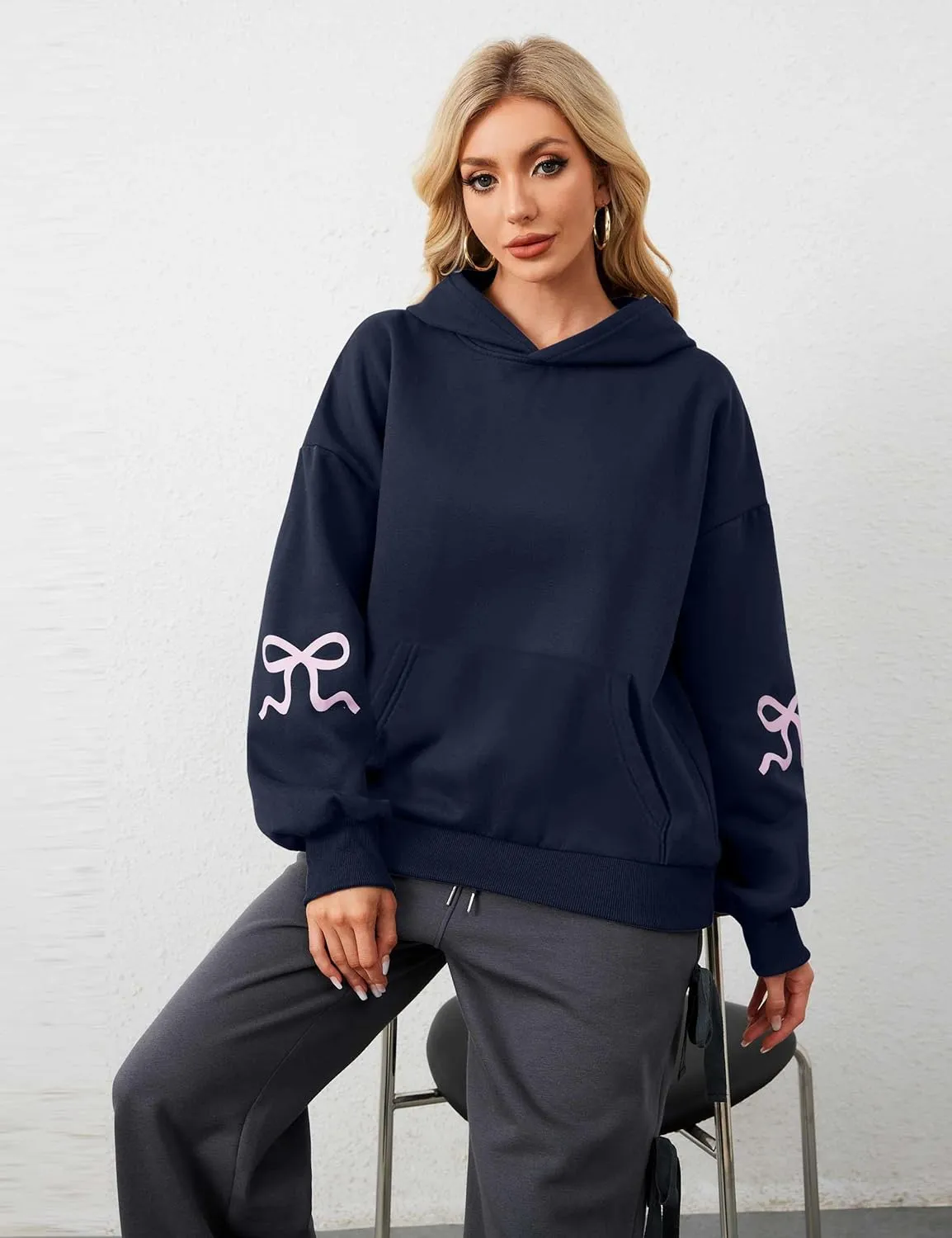 Womens Bow Hoodie Sweatshirt Trendy Oversized Cute Graphic Hoodies Drop Shoulder Fleece Hooded Sweatshirt with Pocket