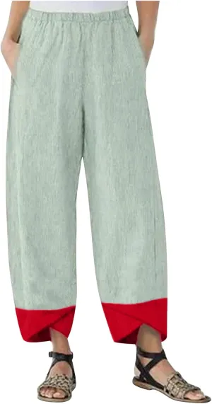 Women's Capri Pants Casual Summer Cotton Linen Cropped Tulip Lounge Trousers Comfy Baggy with Pockets Palazzo