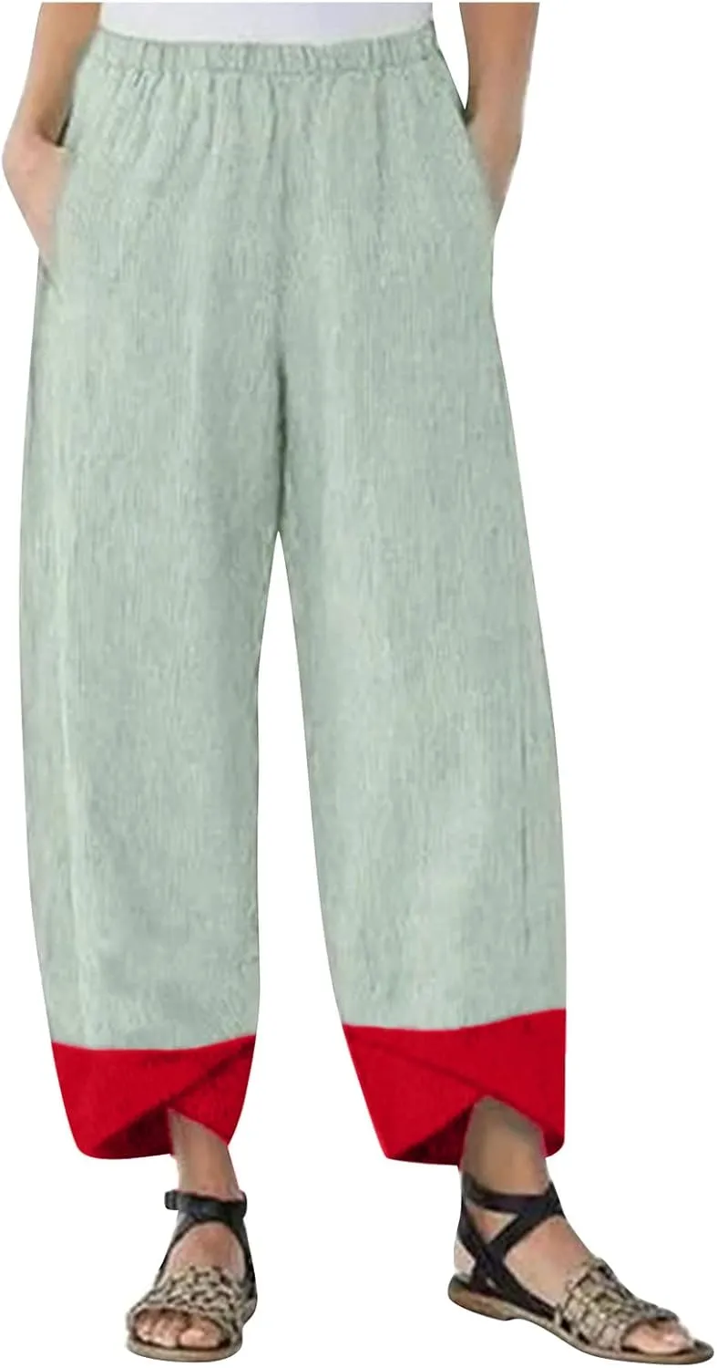 Women's Capri Pants Casual Summer Cotton Linen Cropped Tulip Lounge Trousers Comfy Baggy with Pockets Palazzo