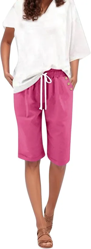 Women's Capri Pants Cotton and Linen Summer Loose Elastic Waist Workout Sweatpants Causal Lounge Pants with Pockets