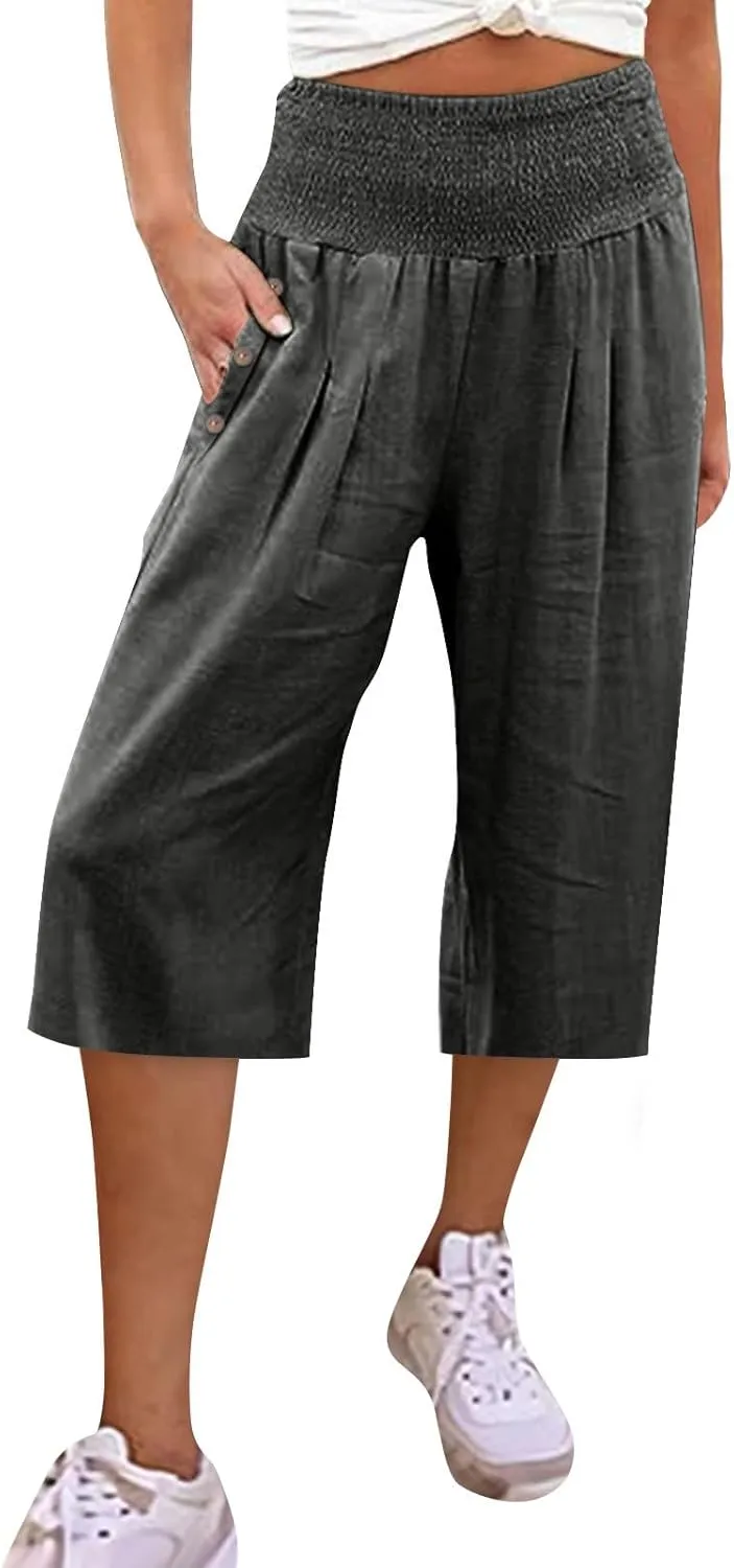Womens Capri Pants, with Pockets Loose Wide Leg High Waist Capri Pants
