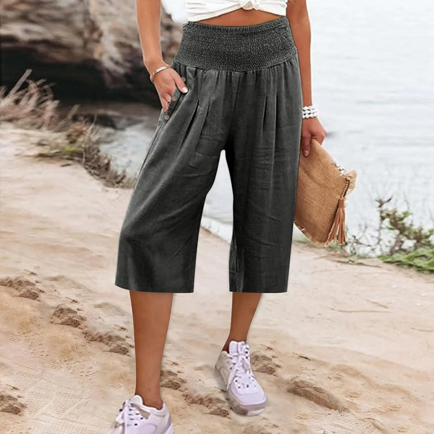 Womens Capri Pants, with Pockets Loose Wide Leg High Waist Capri Pants
