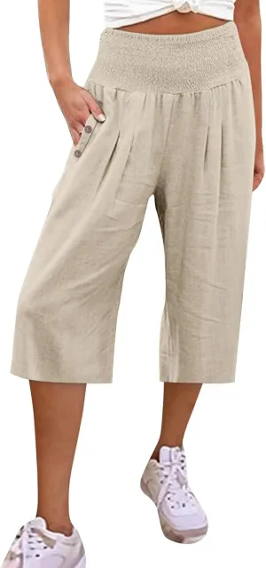 Womens Capri Pants, with Pockets Loose Wide Leg High Waist Capri Pants