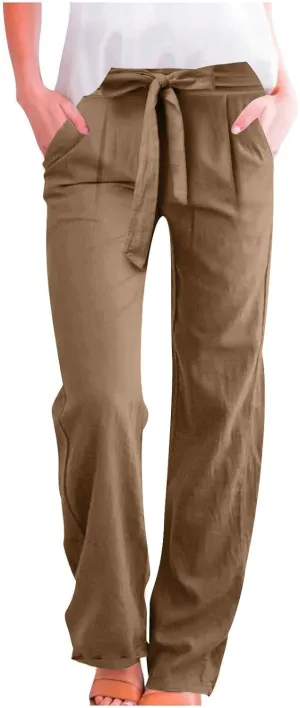 Womens Casual Cotton Linen Pants Elastic High Waist Drawstring Loose Fit Summer Pants Slacks Trousers with Pockets