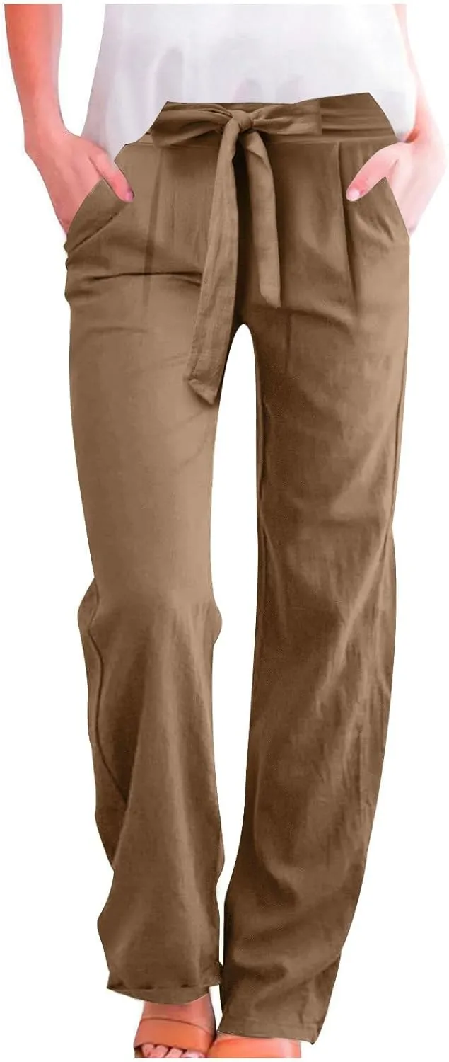Womens Casual Cotton Linen Pants Elastic High Waist Drawstring Loose Fit Summer Pants Slacks Trousers with Pockets