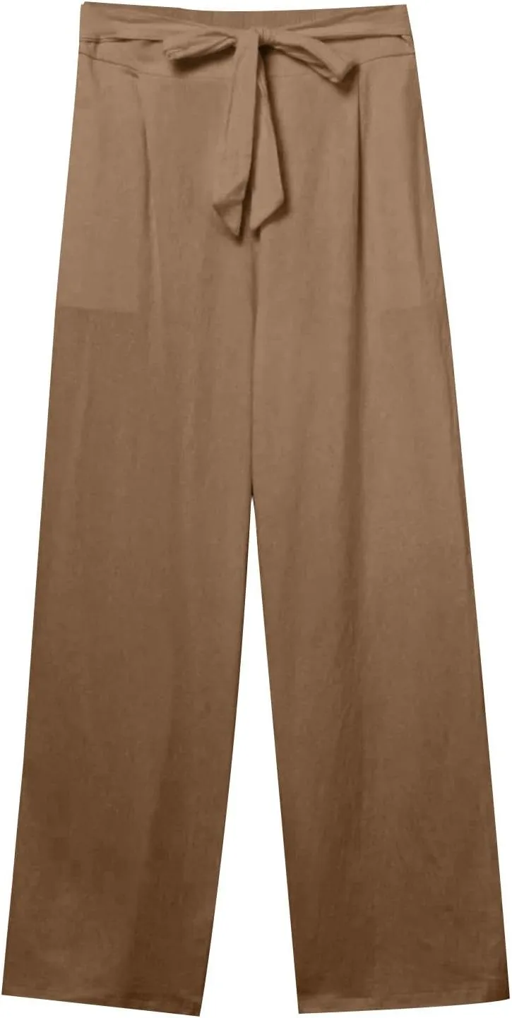 Womens Casual Cotton Linen Pants Elastic High Waist Drawstring Loose Fit Summer Pants Slacks Trousers with Pockets