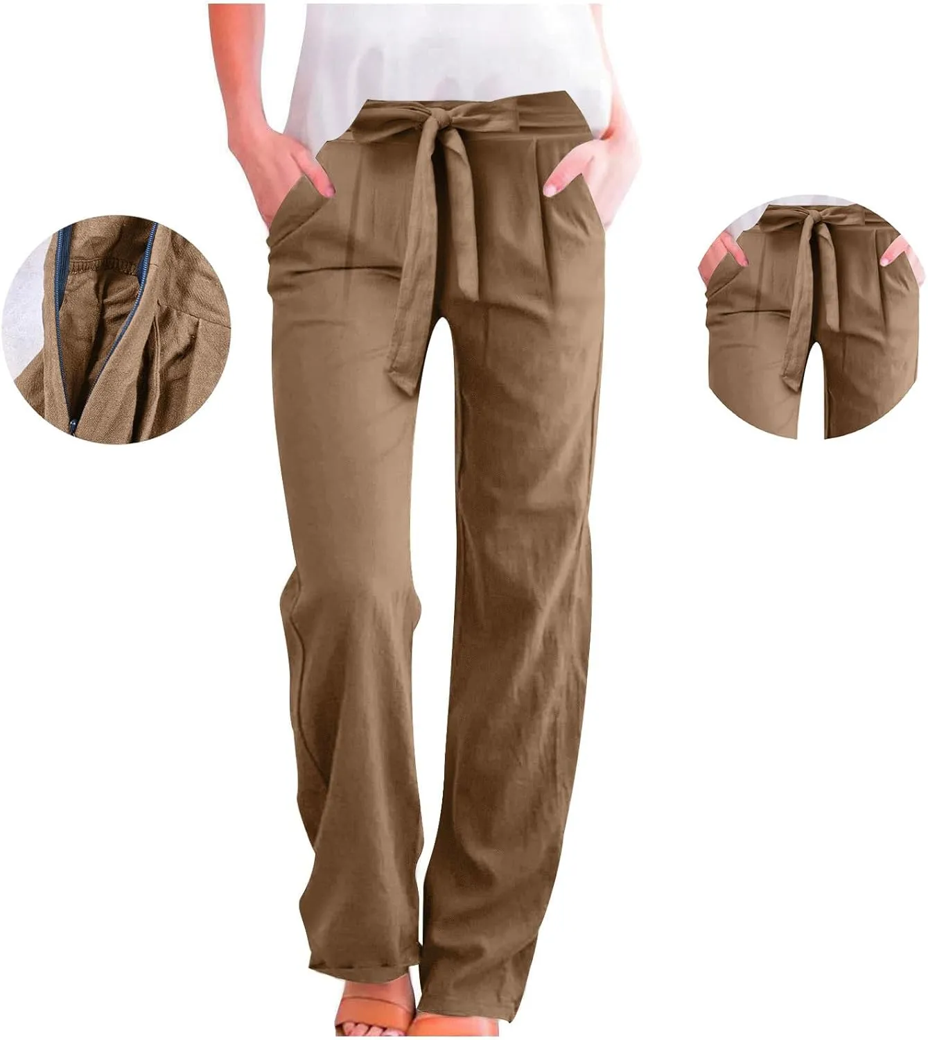 Womens Casual Cotton Linen Pants Elastic High Waist Drawstring Loose Fit Summer Pants Slacks Trousers with Pockets