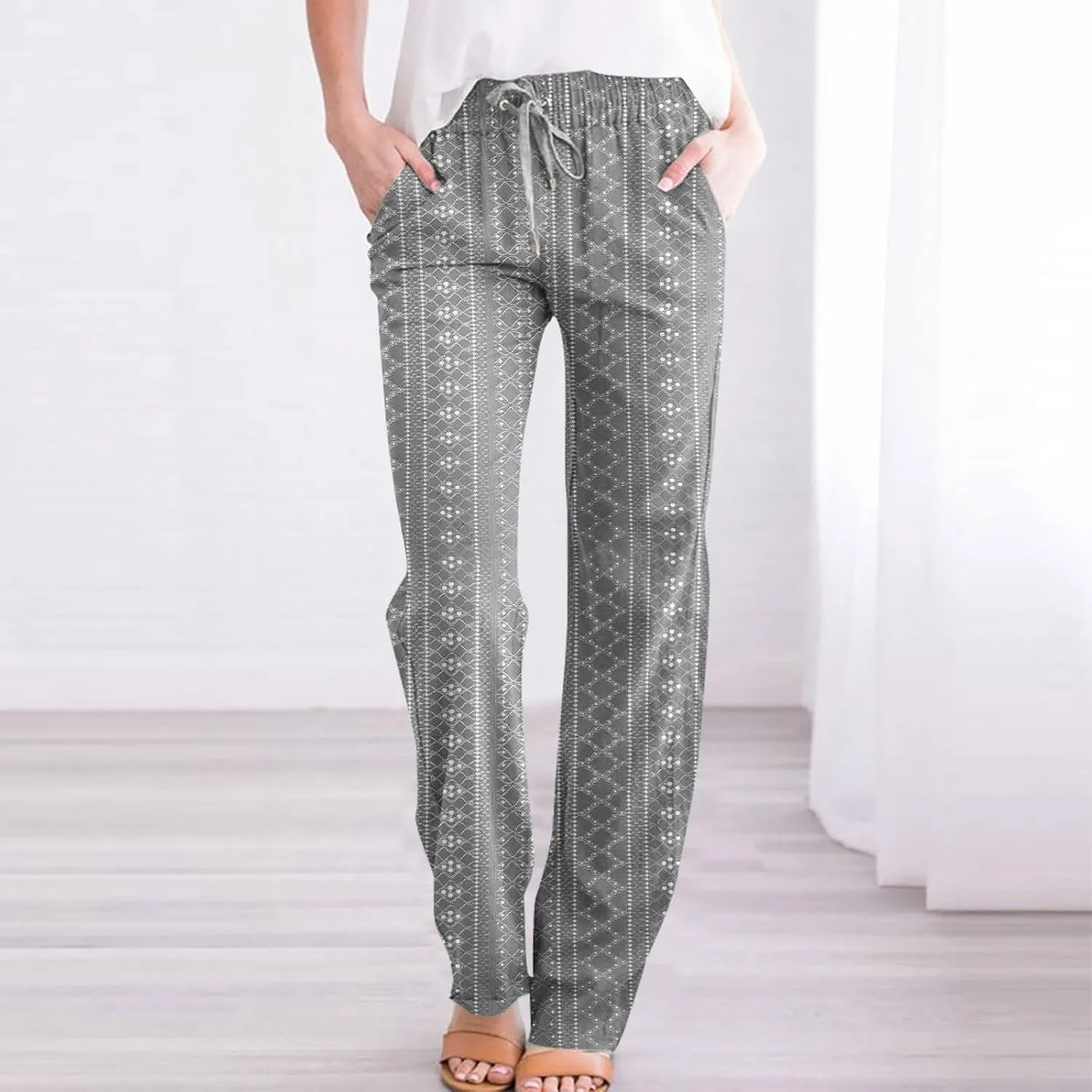 Womens Casual Cotton Linen Pants Lightweight Summer Boho Pants Comfy Elastic Waist Plus Size Lounge Long Trousers