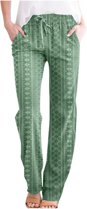 Womens Casual Cotton Linen Pants Lightweight Summer Boho Pants Comfy Elastic Waist Plus Size Lounge Long Trousers