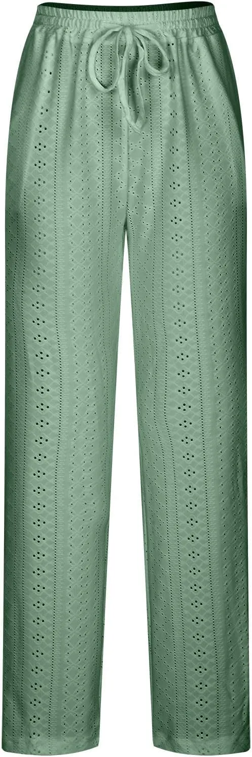 Womens Casual Cotton Linen Pants Lightweight Summer Boho Pants Comfy Elastic Waist Plus Size Lounge Long Trousers