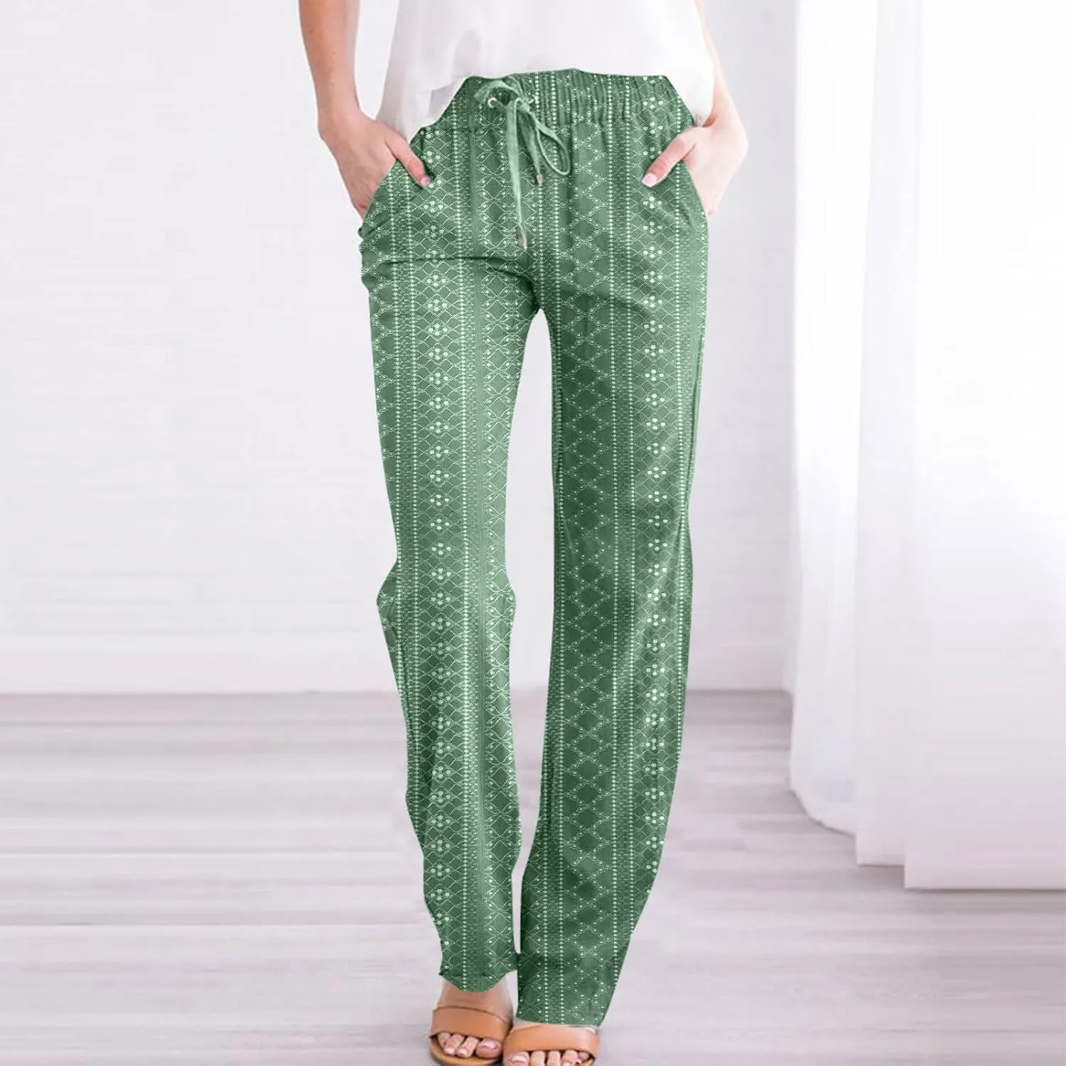 Womens Casual Cotton Linen Pants Lightweight Summer Boho Pants Comfy Elastic Waist Plus Size Lounge Long Trousers