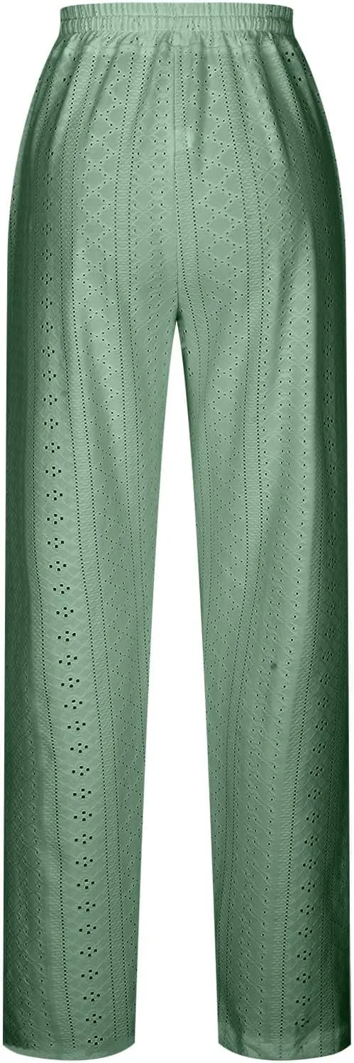 Womens Casual Cotton Linen Pants Lightweight Summer Boho Pants Comfy Elastic Waist Plus Size Lounge Long Trousers