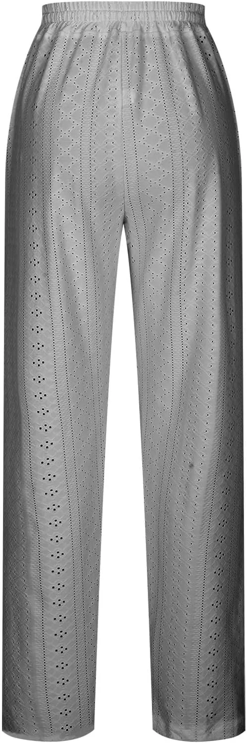 Womens Casual Cotton Linen Pants Lightweight Summer Boho Pants Comfy Elastic Waist Plus Size Lounge Long Trousers
