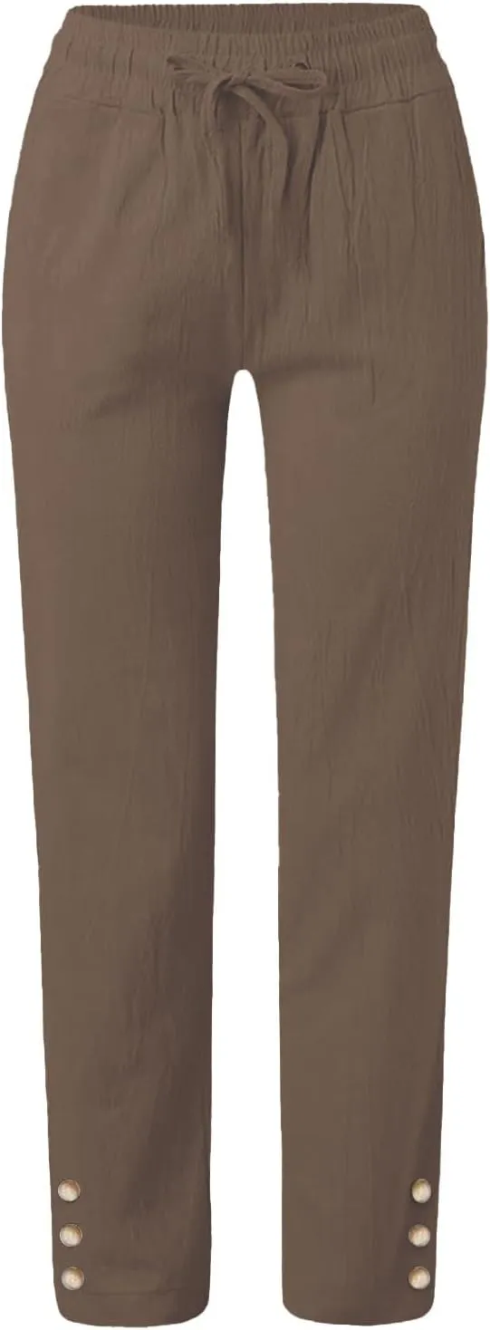 Womens Casual Cotton Linen Pants Lightweight Summer Loose Fit Elastic Waist Plus Size Solid Lounge Long Trousers